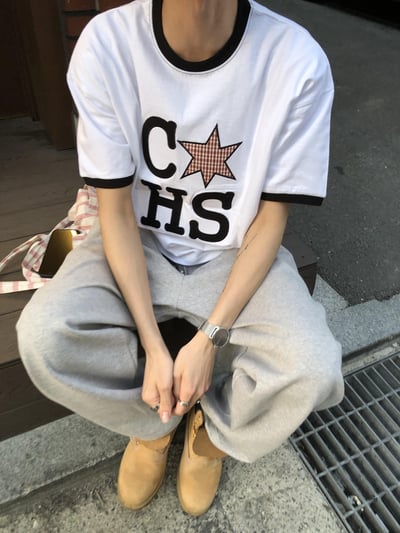 CHS 六芒星 刺繡 配色 微短版 短袖 - 3C13