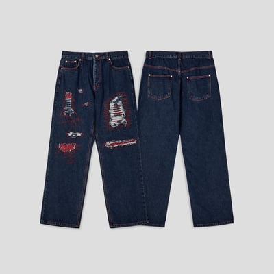 美式街頭 紅色警戒 破壞 直筒 微寬版 牛仔褲 - 1C14