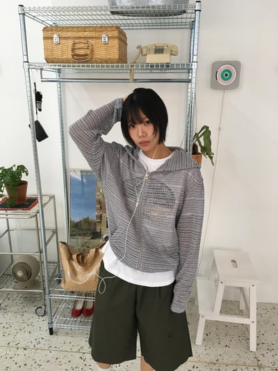 條紋針織 涼爽短版 夏季寬鬆 連帽外套 - 4C6
