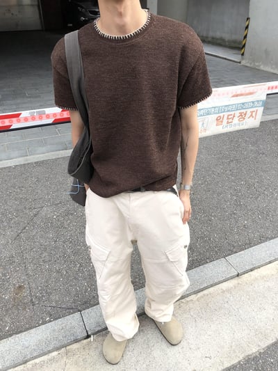夏季針織 極簡風 經典配色 短版 短袖 上衣 - 6C7