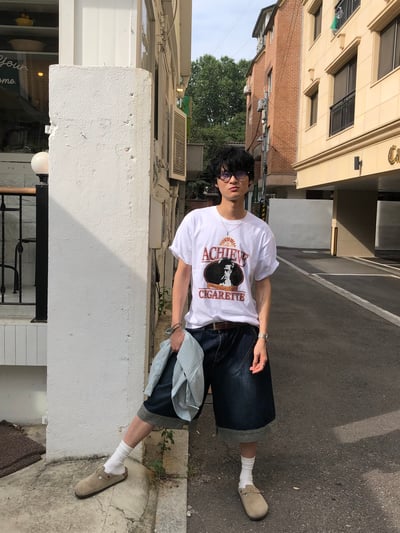 美式風 漸層刷色 斜切線造型 反折 牛仔短褲 - 2C10