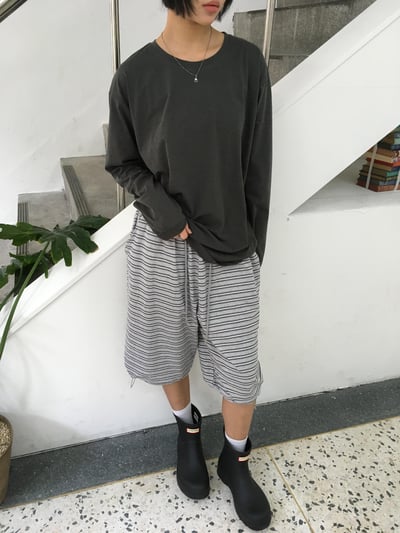 休閒條紋 鬆緊帶 褲管抽繩 7分 棉短褲 - 2C5