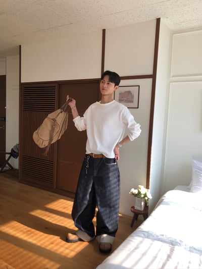 東京小夥 反折褲管 條紋結構 原牛寬褲 - 2C14