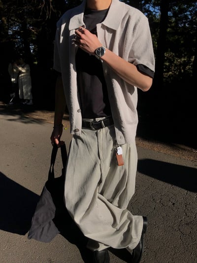 Lanson 俐落剪裁 抓皺割線 細條紋 寬褲 - 2C15