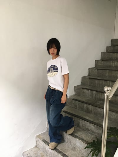 質感韓系女 休閒風 俐落抓皺 牛仔 寬褲 - 3C15