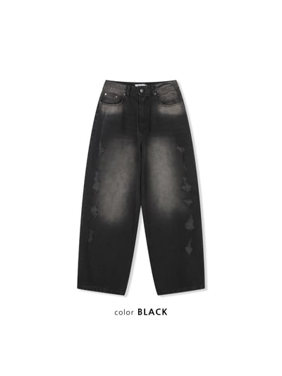 微妙復古 漸層水洗 破壞 牛仔 寬褲 - 2C22