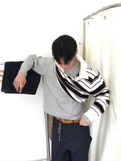 秋冬高檔 撞色條紋 立挺 短版 開領針織 長袖 - 3C20