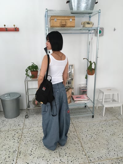 歐美經典 街頭工裝 細條紋 貼布 薄寬褲 - 2C11
