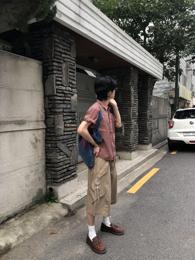 復古街頭 類尼龍 夏季清爽 斜口袋 工裝短褲 - 3C4