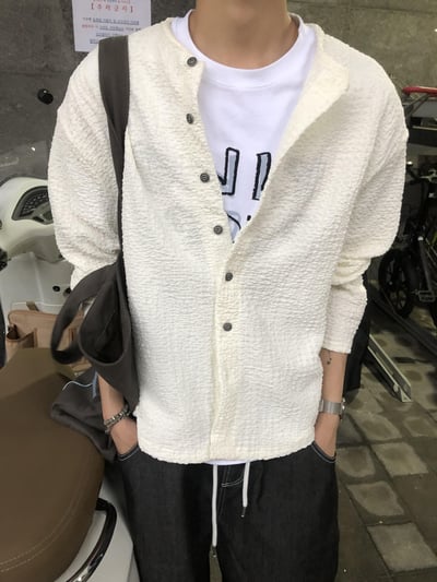 夏季泡泡棉 絲綢布料 防曬 褶皺開襟衫- 4C1