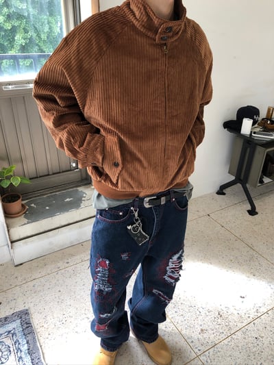 美式街頭 紅色警戒 破壞 直筒 微寬版 牛仔褲 - 1C9