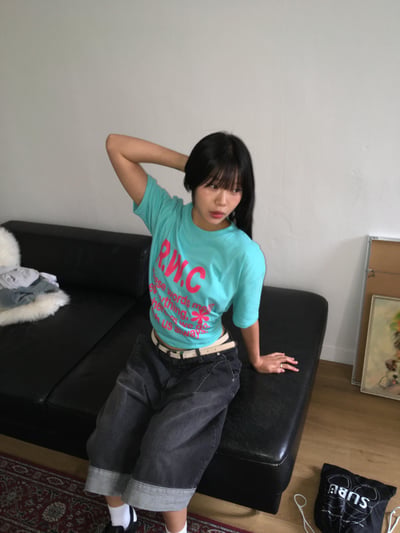 歐式文藝配色 滿版印刷 短版 短袖 上衣 - 3C8