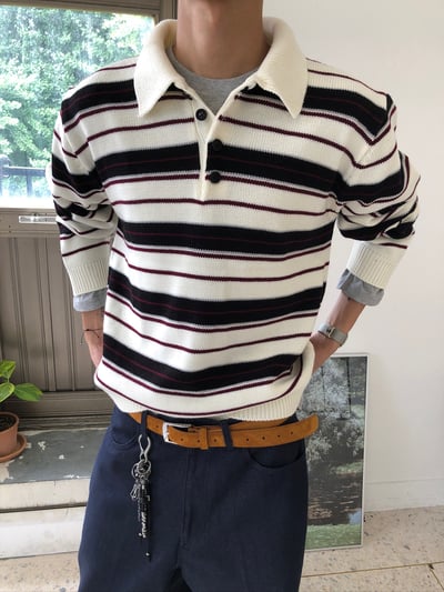 秋冬高檔 撞色條紋 立挺 短版 開領針織 長袖 - 3C5