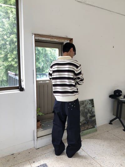 秋冬高檔 撞色條紋 立挺 短版 開領針織 長袖 - 3C6