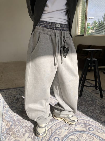 歐洲街頭潮流 格紋層疊 寬版 休閒 落地褲 - 2C1