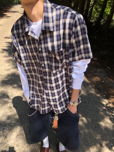 倫敦街頭 親膚涼感 短版 格紋 短袖襯衫 - 4C14