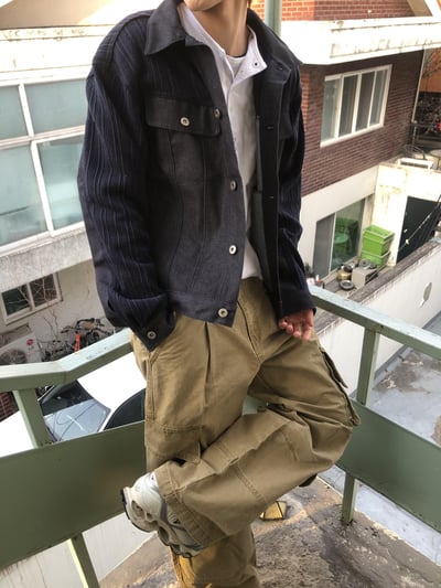 美式 俐落抓皺 立體斜線 工裝 直筒寬褲 - 2C6