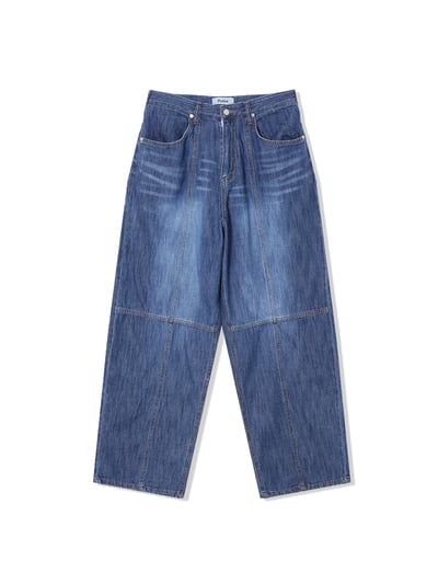 (藍色Ｍ號) (UNISEX) 十字縫線 側腰扣 亞麻牛仔褲 - 2C15