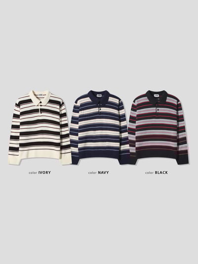 秋冬高檔 撞色條紋 立挺 短版 開領針織 長袖 - 3C21