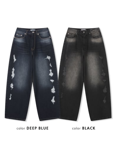 微妙復古 漸層水洗 破壞 牛仔 寬褲 - 2C21