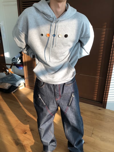 街頭鬆弛 多色鈕扣 寬版 帽T 長袖 - 3C16