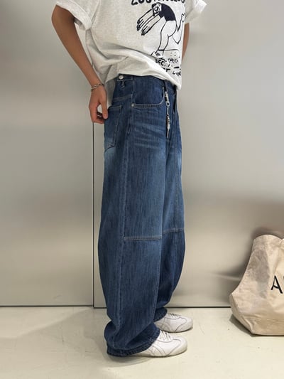 (藍色Ｍ號) (UNISEX) 十字縫線 側腰扣 亞麻牛仔褲 - 2C13