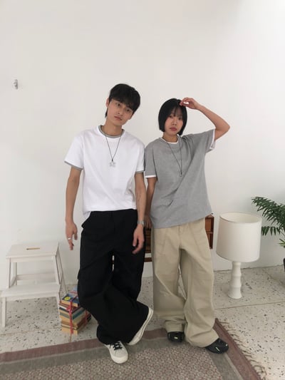 假兩件式 層次疊穿 寬鬆短版 素面短袖 - 3C13