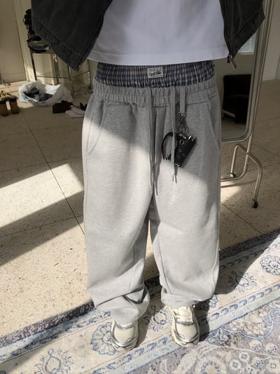 歐洲街頭潮流 格紋層疊 寬版 休閒 落地褲 - 2C12