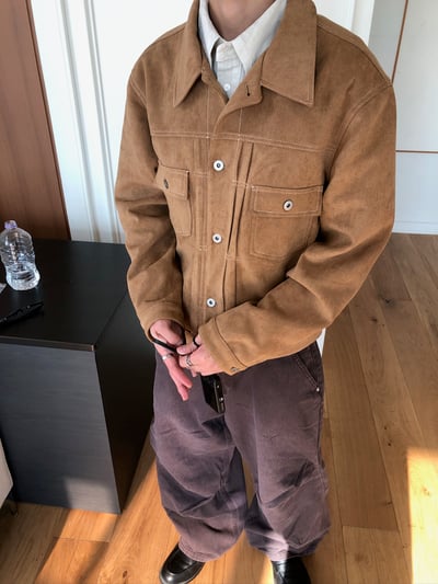 歐美經典款 美拉德 麂皮 微短版 皮夾克 - 4C7