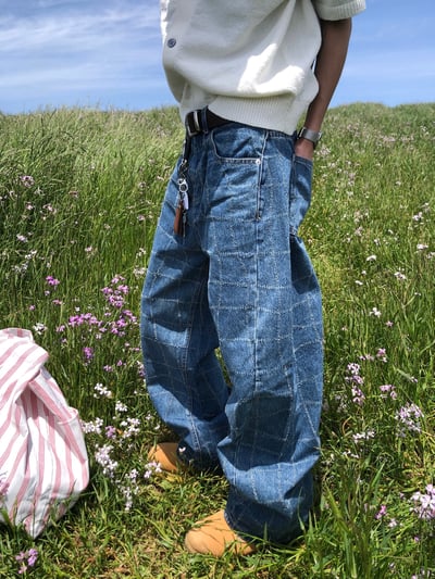 Baggy 牛津街頭 水波格紋 牛仔寬褲 - 1C19