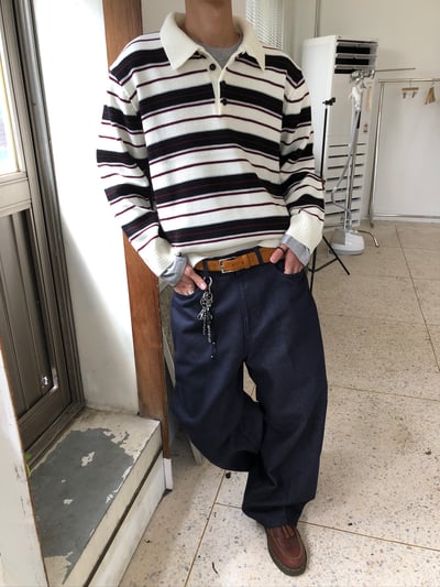 秋冬高檔 撞色條紋 立挺 短版 開領針織 長袖 - 3C8