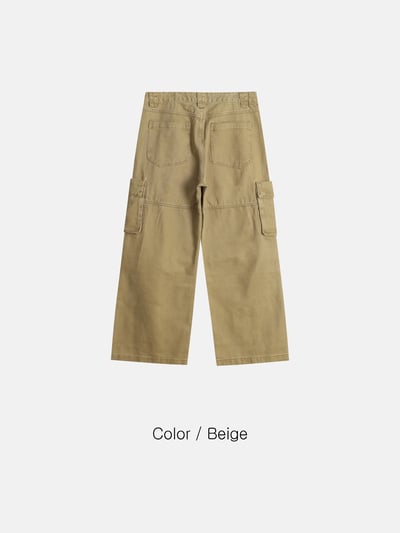 雙膝抓皺 線條結構 直筒寬版 工裝褲 - 2C21