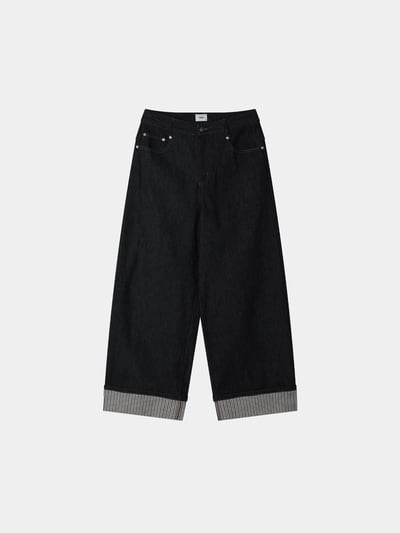 東京小夥 反折褲管 條紋結構 原牛寬褲 - 2C18