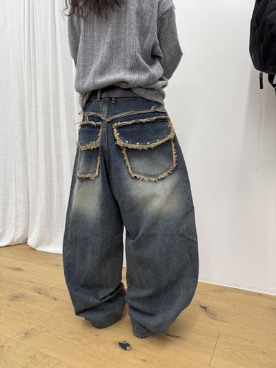 漸層水洗 鑲式卯釘 大口袋 牛仔寬褲 - 2C14