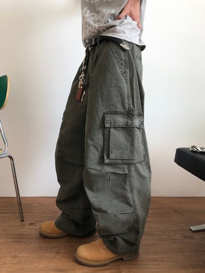 日式工廠小哥 雙重工裝 復古水洗 寬褲 - 3C1