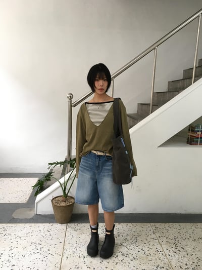 韓女基本款 大口袋 牛仔 6分短褲 - 2C14