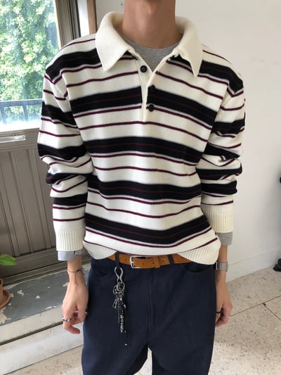 秋冬高檔 撞色條紋 立挺 短版 開領針織 長袖 - 3C1