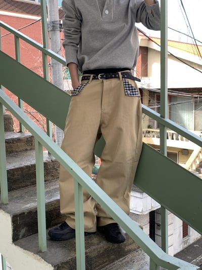 日系街頭 畫龍點睛 格紋設計 微寬褲 - 2C17
