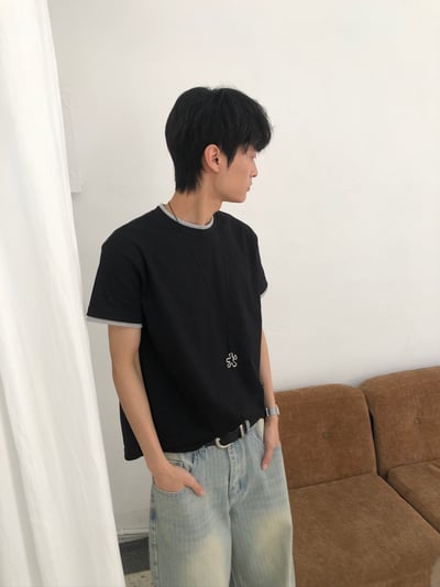 假兩件式 層次疊穿 寬鬆短版 素面短袖 - 3C16