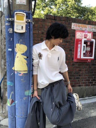 韓系運動風 街頭印刷 微短版 POLO 長袖 - 3C11