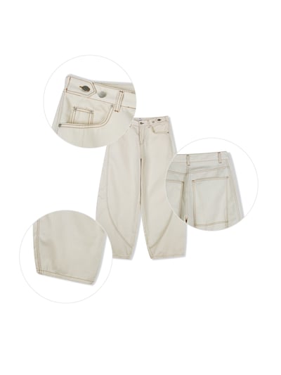 四季大口袋 彎曲縫線 配色設計 牛仔寬褲 - 2C21