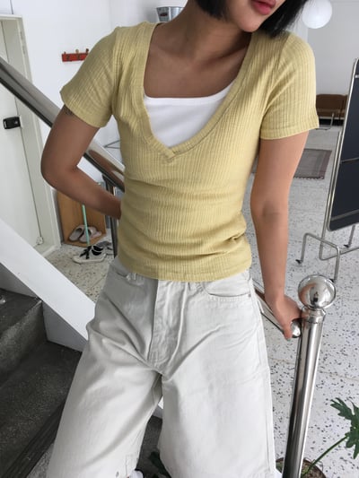 深V領 純慾天花板 夏季修身 豎紋短袖 - 5C10