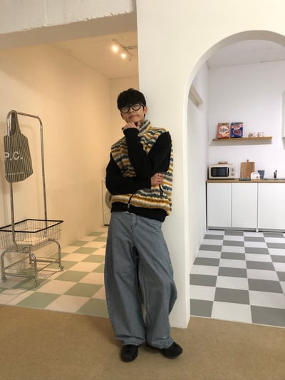 經典百搭 細條紋 修身顯高 牛仔寬褲 - 2C12