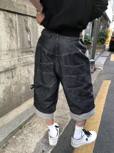 原牛丹寧 反折層疊視覺 卯釘工裝 七分短褲 - 1C12