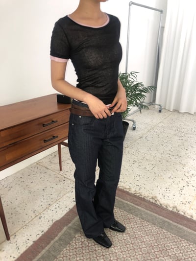 韓女必備 超級修身 細條紋 微喇叭原牛褲 - 3C12