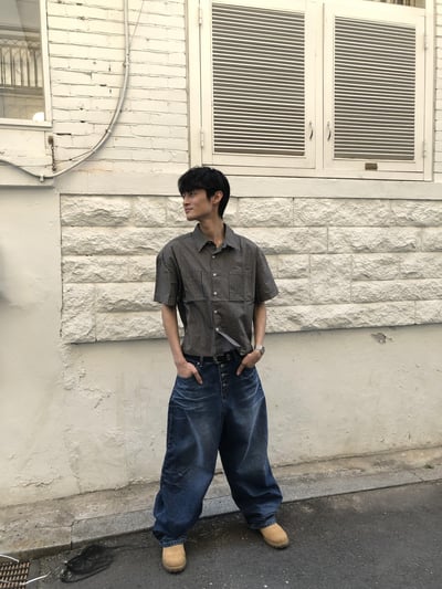 高檔街頭 飛刀縫線 漸層水洗 寬版 牛仔 長褲 - 2C6