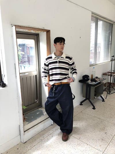 秋冬高檔 撞色條紋 立挺 短版 開領針織 長袖 - 3C10