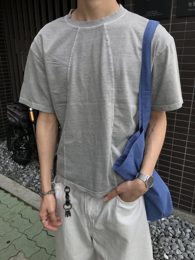 復古刷色 開線視覺肩寬 短版 短袖 上衣 - 3C6