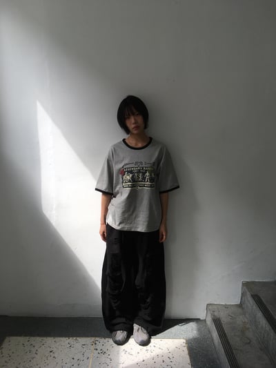街頭鬆弛感 刷破設計 寬鬆 弧形棉褲  - 2C4