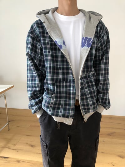 美式潑漆感 復古格紋 雙面連帽外套 - 2C8